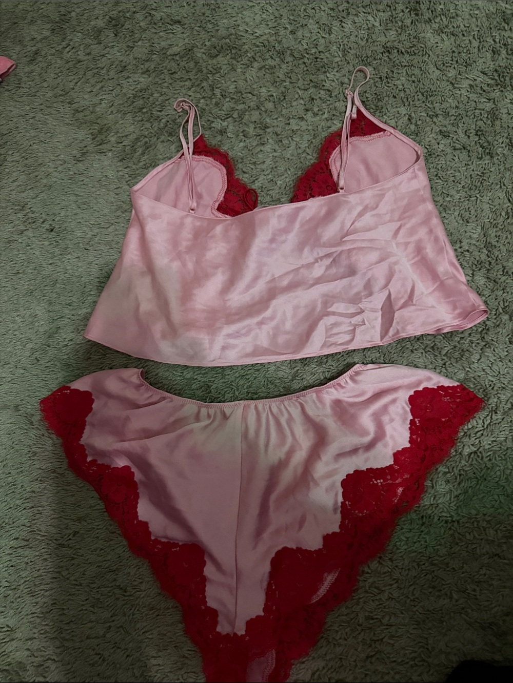 Satin Lace Trim Pink & Red Camisole Set - Picture 4 of 4